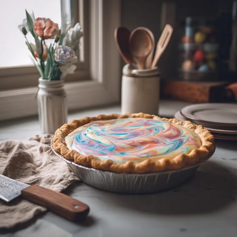 A pie with a swirl pattern on top.