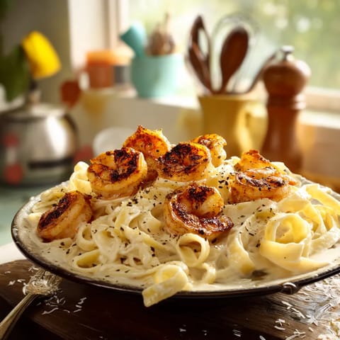A plate of creamy blackened shrimp alfredo.