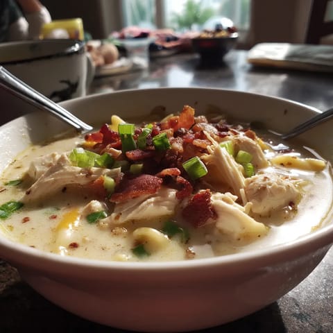 A bowl of soup with bacon and green onions.