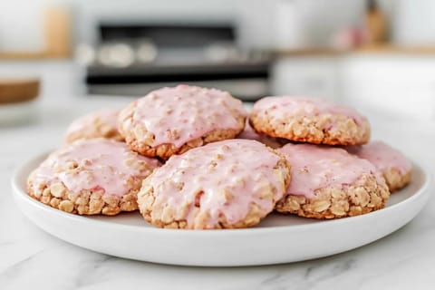A plate of pink iced oatmeal cookies.