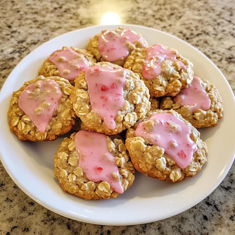 A plate of strawberry iced oatmeal cookies.
