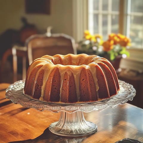 A Butter Pecan Pound Cake on a glass plate.