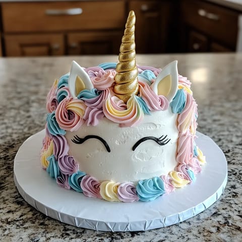 A cake with a unicorn design on top.