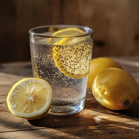 A glass of chia seed water with a lemon wedge.
