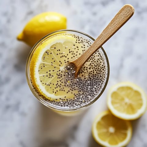 A glass of chia seed water with a lemon wedge.