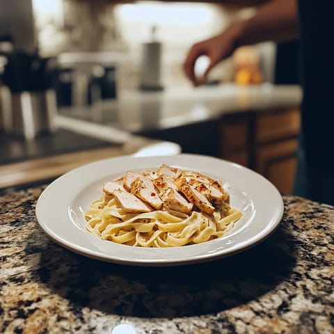 A plate of chicken alfredo with pasta.
