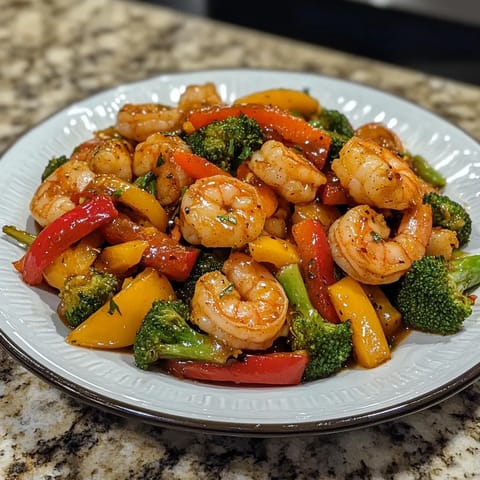 A plate of spicy shrimp stir-fry.