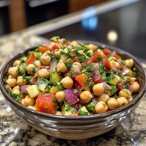 A bowl of spicy chickpea salad.