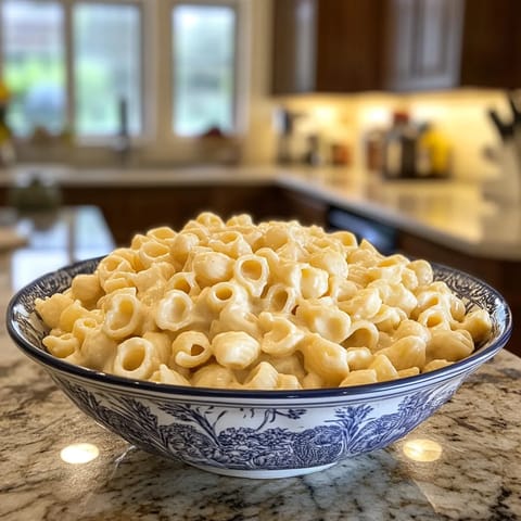 A bowl of creamy vegan mac and cheese.