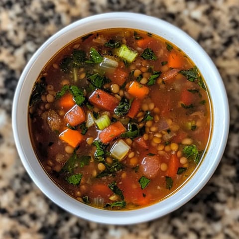 A bowl of soup with vegetables and lentils.