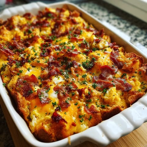 A delicious bacon and egg breakfast casserole.