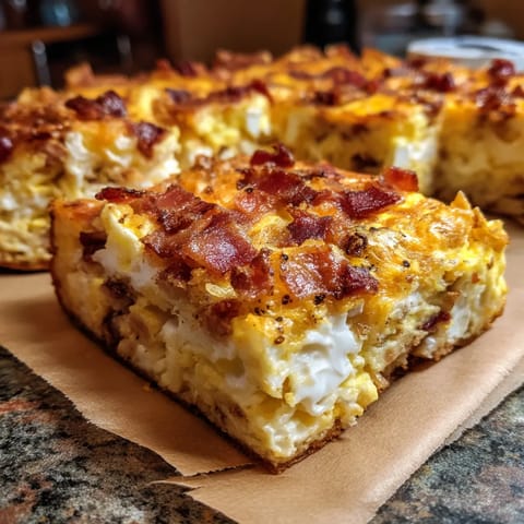 A slice of bacon and egg casserole.