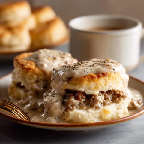 A plate of sausage gravy and biscuits.