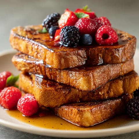 A stack of cinnamon French toast with berries on top.