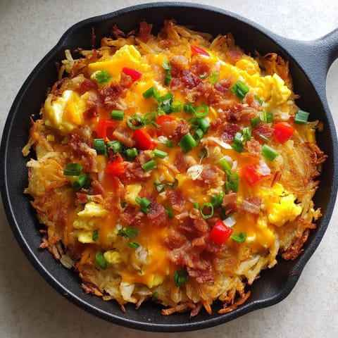 A skillet with hash browns and bacon.