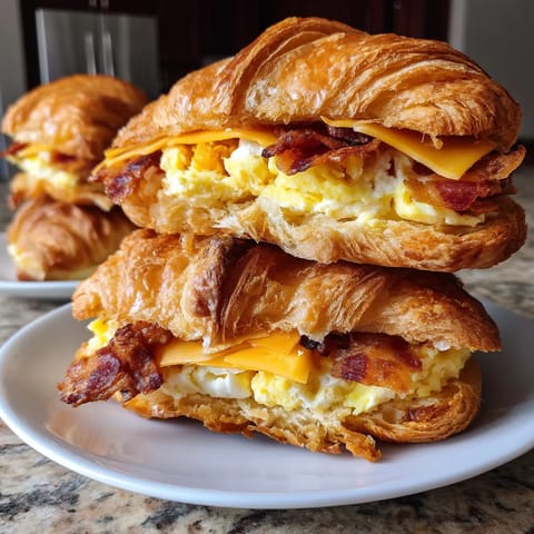 A stack of croissant sandwiches with cheese and egg.
