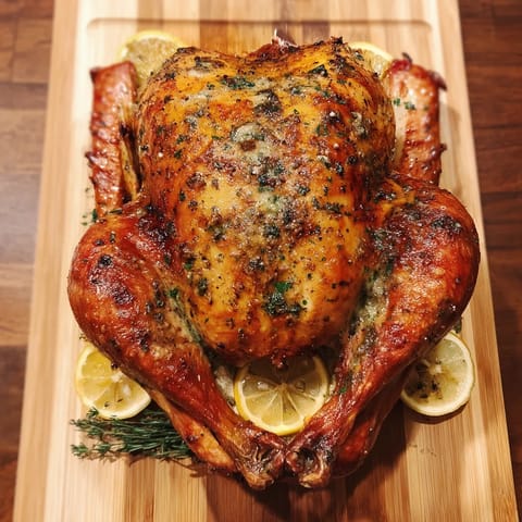 A roasted turkey with herb butter on a wooden cutting board.
