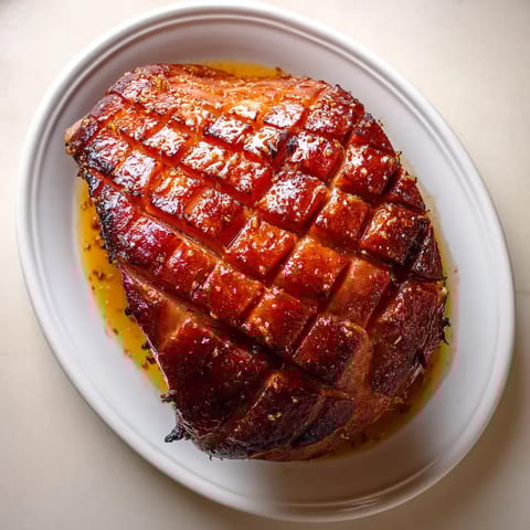 A honey-glazed ham on a plate.