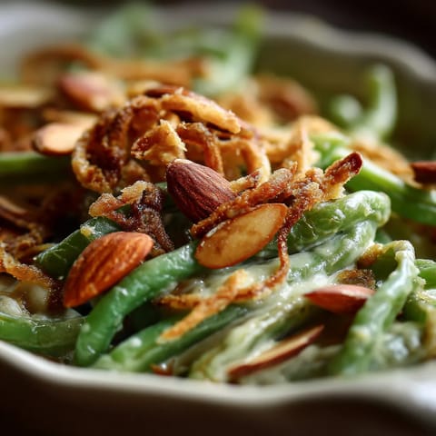 A close up of a green bean almond casserole.