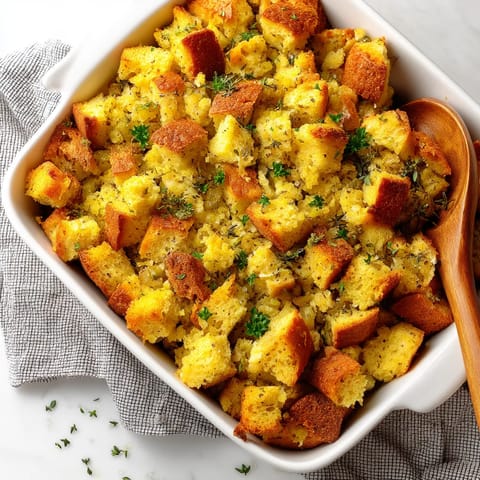 A white bowl filled with cornbread stuffing.