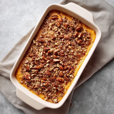 A dish of sweet potato casserole with pecans.