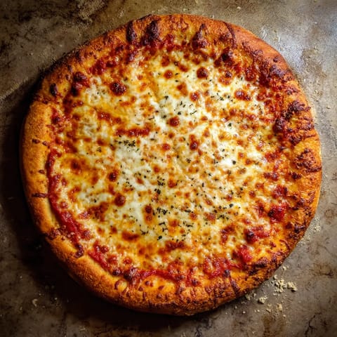 A New York-style pizza with cheese and pepperoni.