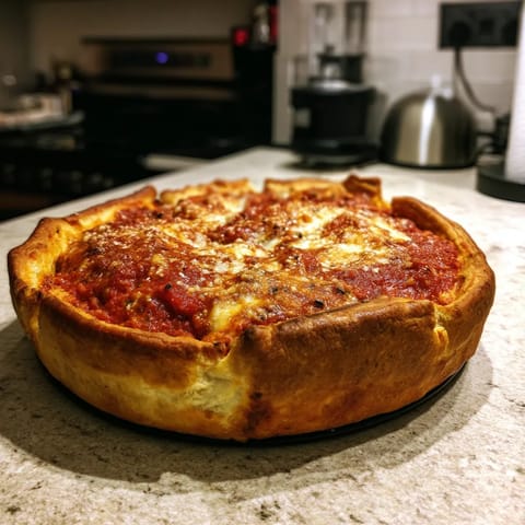 A deep dish pizza with cheese and tomato sauce.