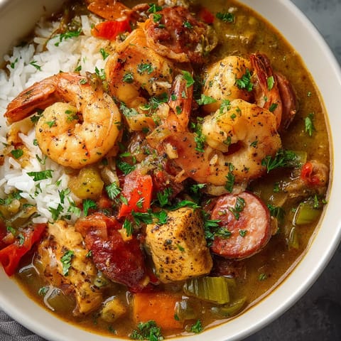A bowl of Louisiana gumbo with shrimp, rice, and vegetables.
