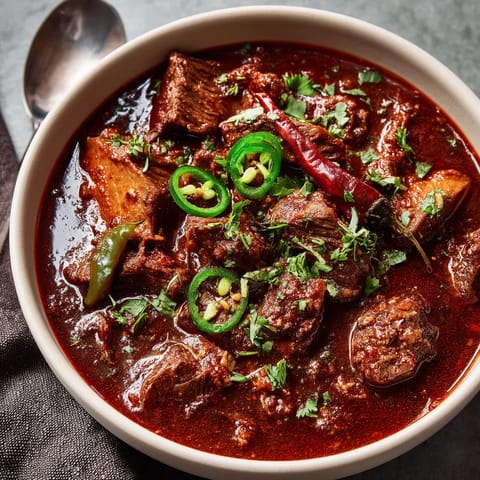 A bowl of Texas chili with meat and peppers.