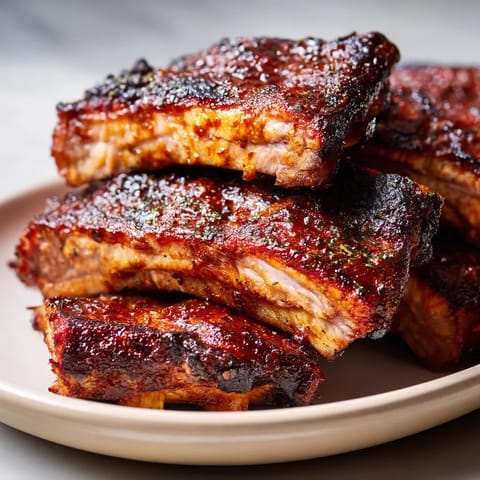 A plate of ribs with sauce on it.