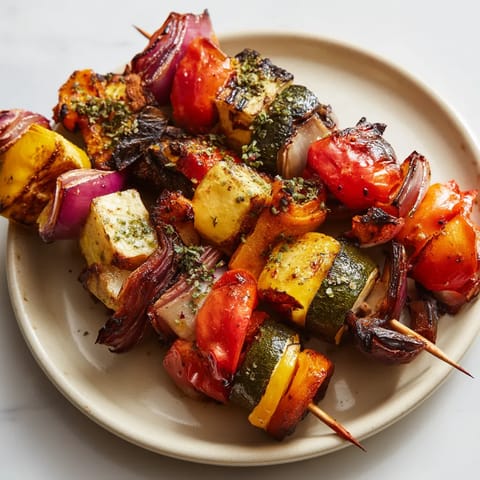 A plate of grilled vegetable kabobs.