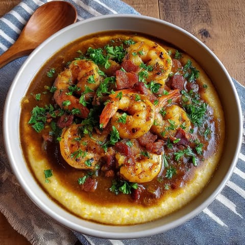 A bowl of shrimp and grits.