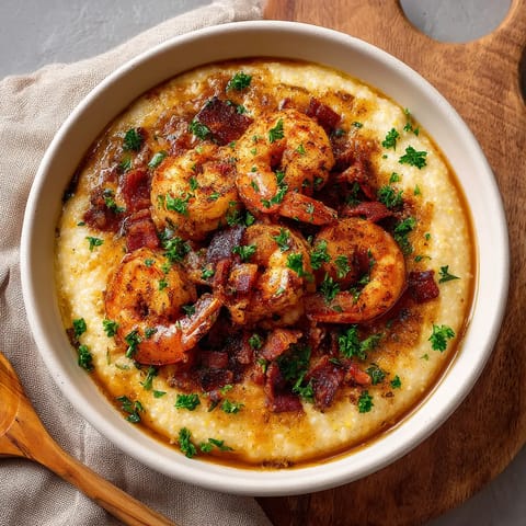 A bowl of shrimp and grits.