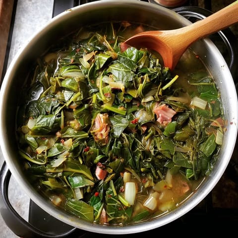 A pot of collard greens on the stove.