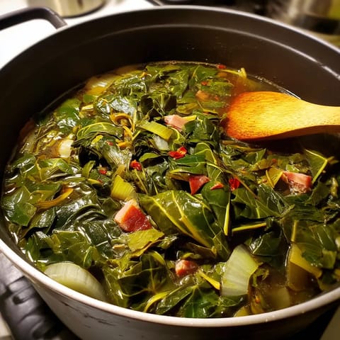 A pot of collard greens with a spoon in it.