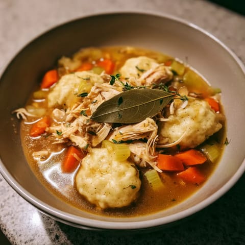 A bowl of chicken and dumplings.