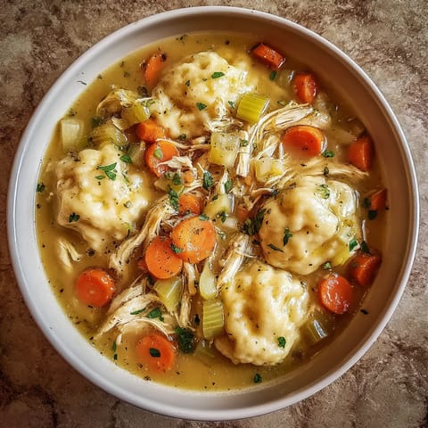 A bowl of chicken and dumplings.