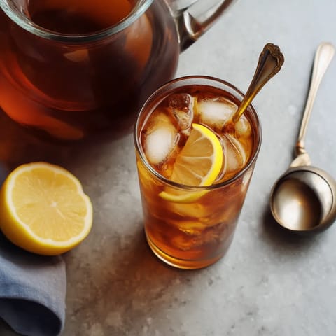 A glass of iced tea with lemon slices.