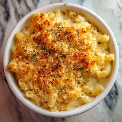 A bowl of baked mac and cheese.