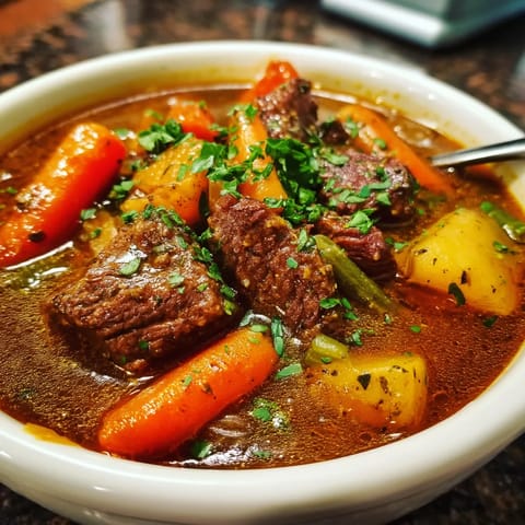 A bowl of beef stew with carrots and parsley.