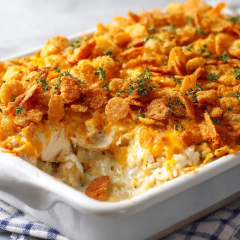 A dish of chicken and rice casserole.