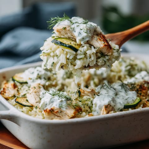 A dish of rice and chicken with a spoon in it.