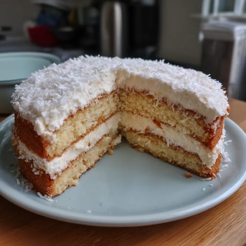 A slice of coconut cloud cake on a plate.