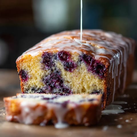 A slice of blueberry lemon loaf with glaze.