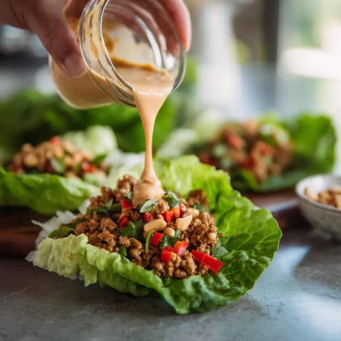 A person pouring peanut sauce on a turkey lettuce wrap.