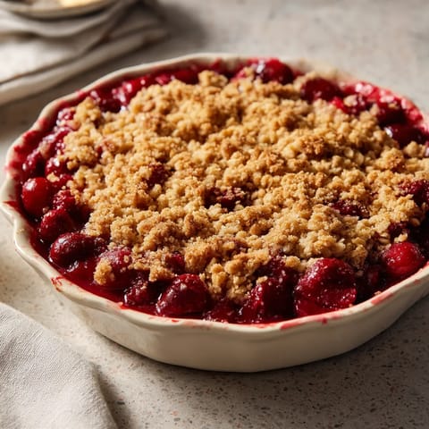 A bowl of fresh cherry crisp with oat crumble.