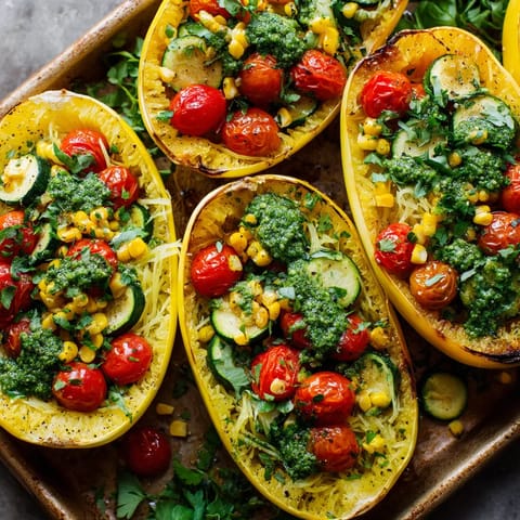 Spaghetti Squash Boats with Summer Veggies and Pesto.