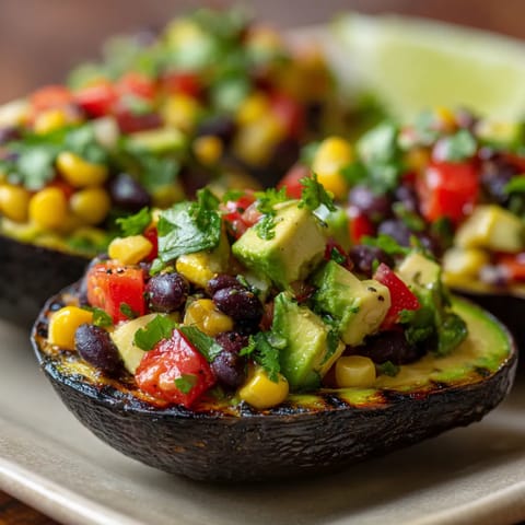 Grilled avocado boats with black bean corn salsa.