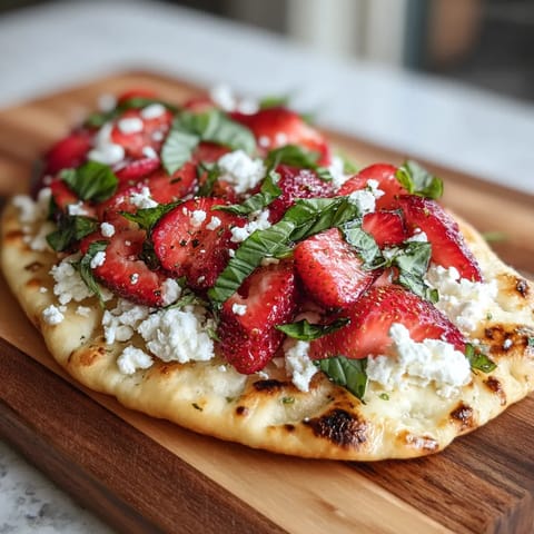 A flatbread with strawberries and basil on top.