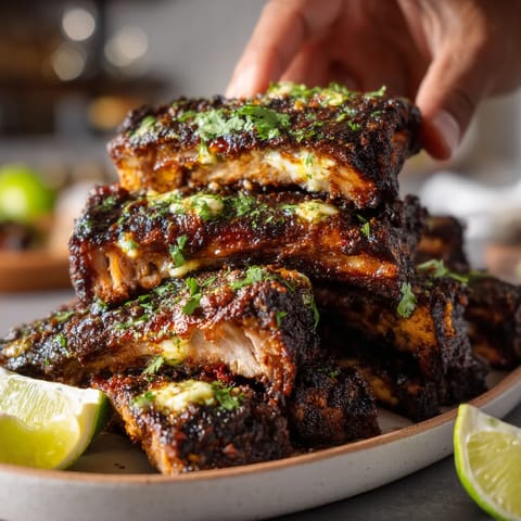 A plate of charred corn ribs with chili-lime butter.